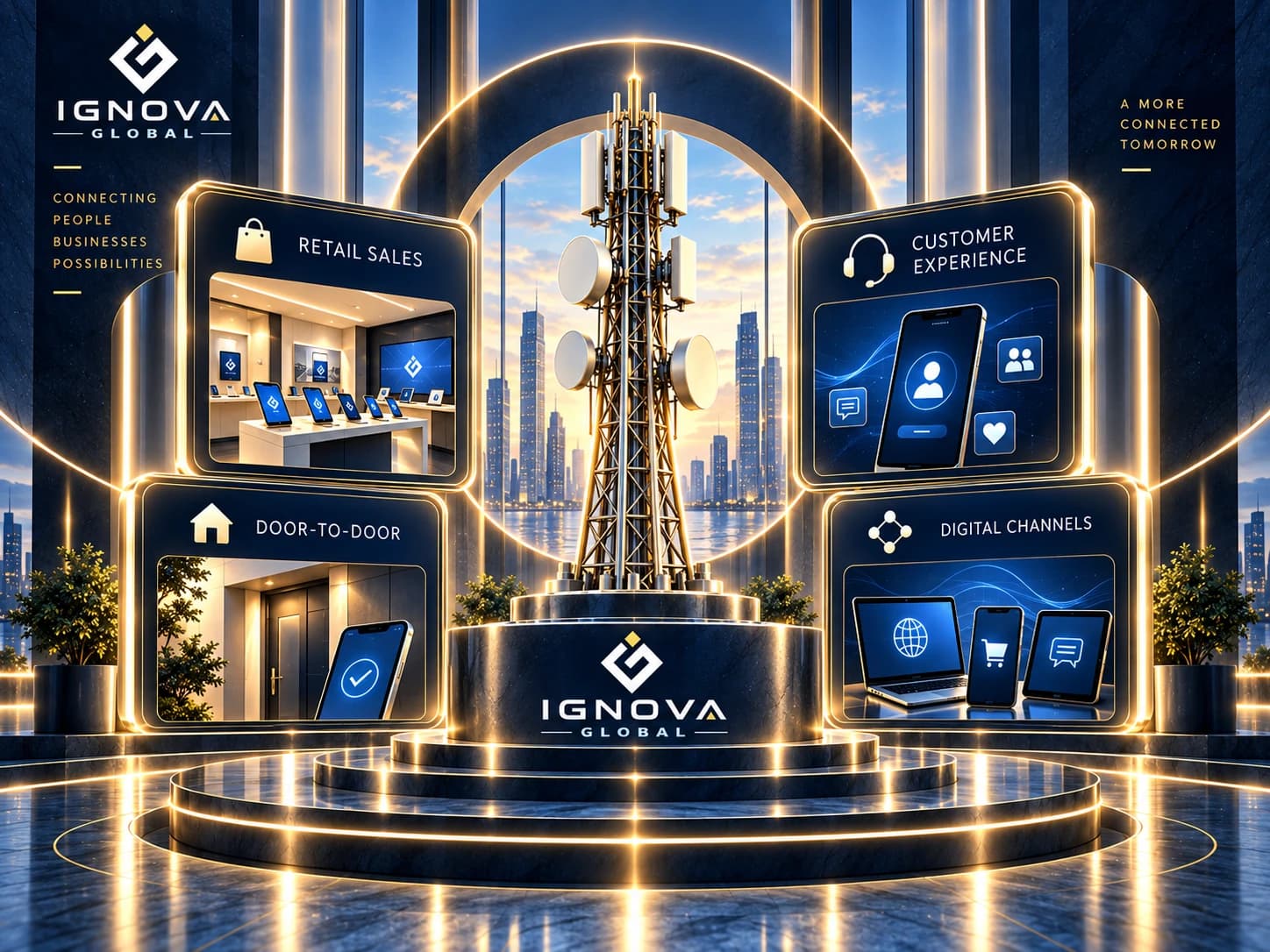 IGNOVA GLOBAL Telecom graphic with a cell tower and panels for retail sales, customer experience and digital channels.