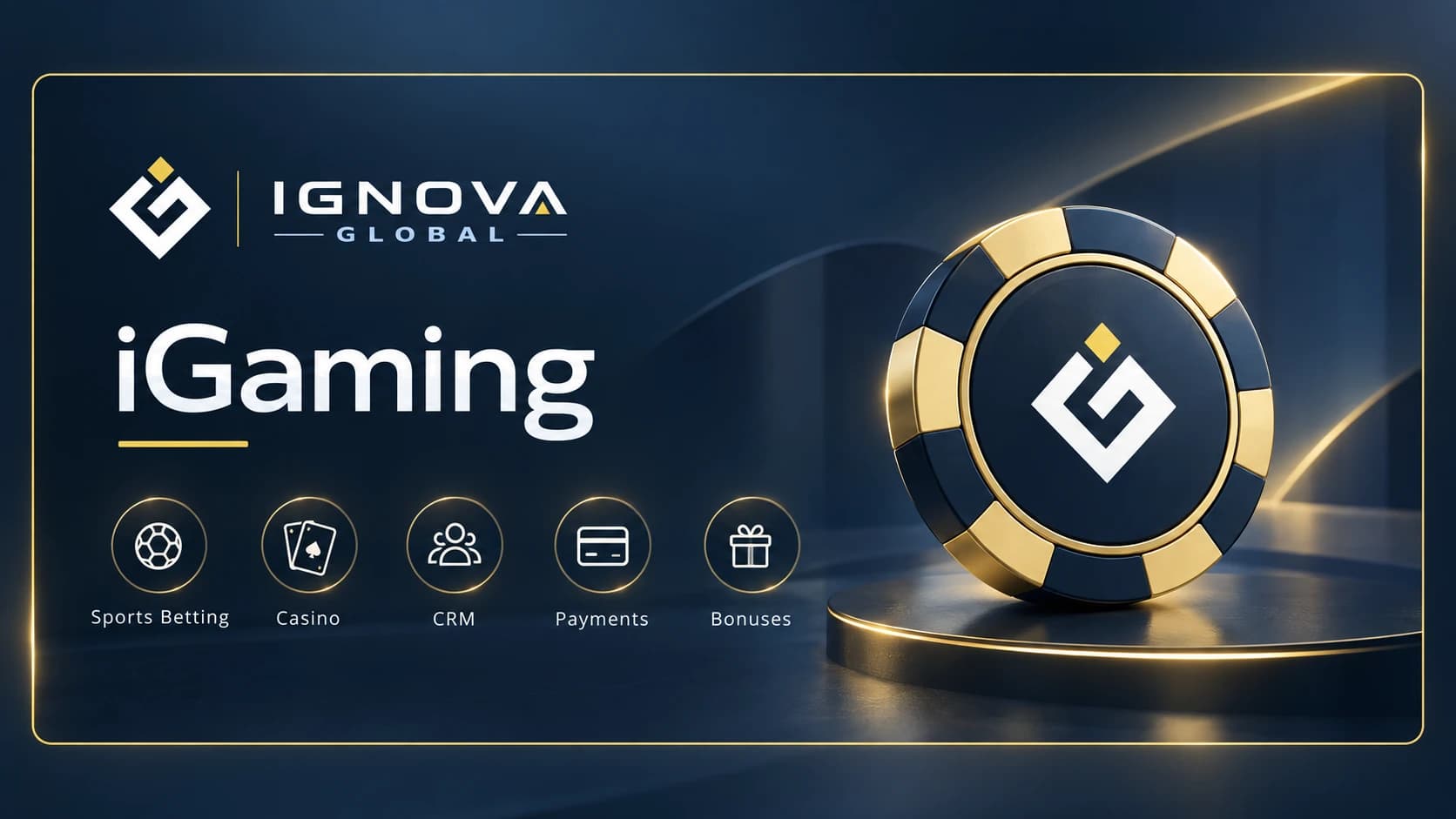 Gráfico de iGaming de IGNOVA GLOBAL con iconos de apuestas deportivas, casino, CRM, pagos y bonos.