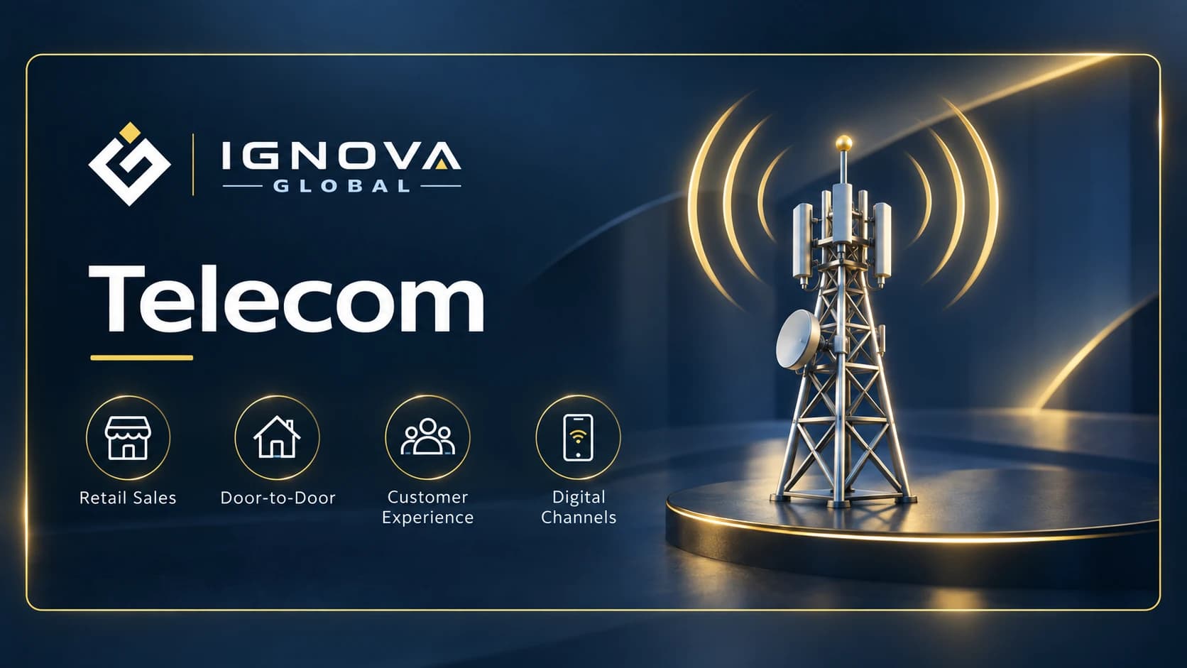 Gráfico de Telecomunicaciones de IGNOVA GLOBAL con una antena de telefonía e iconos de ventas en tienda, experiencia de cliente y canales digitales.